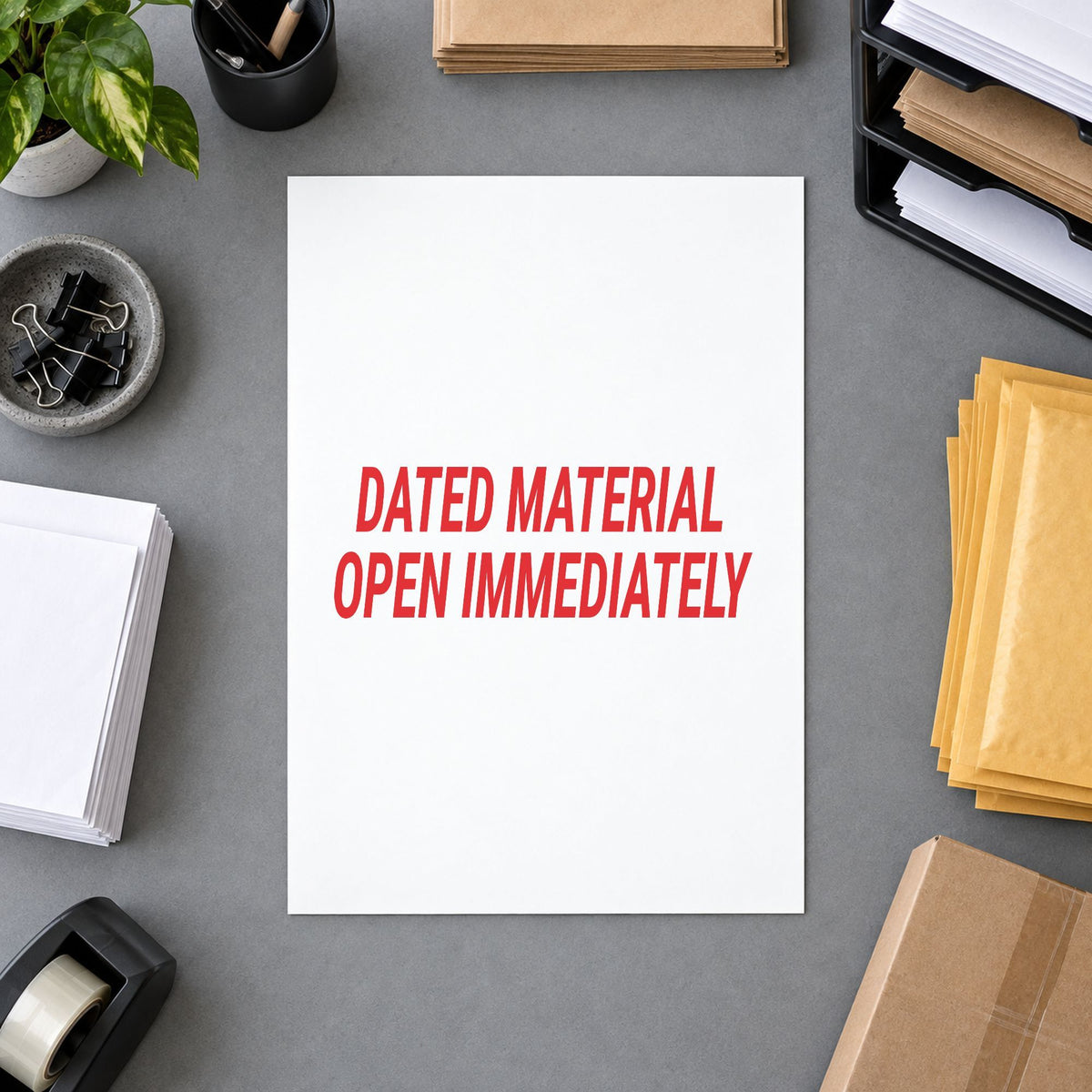 "Dated material open immediately" mark added to paperwork with a pre-inked Xstamper stamp