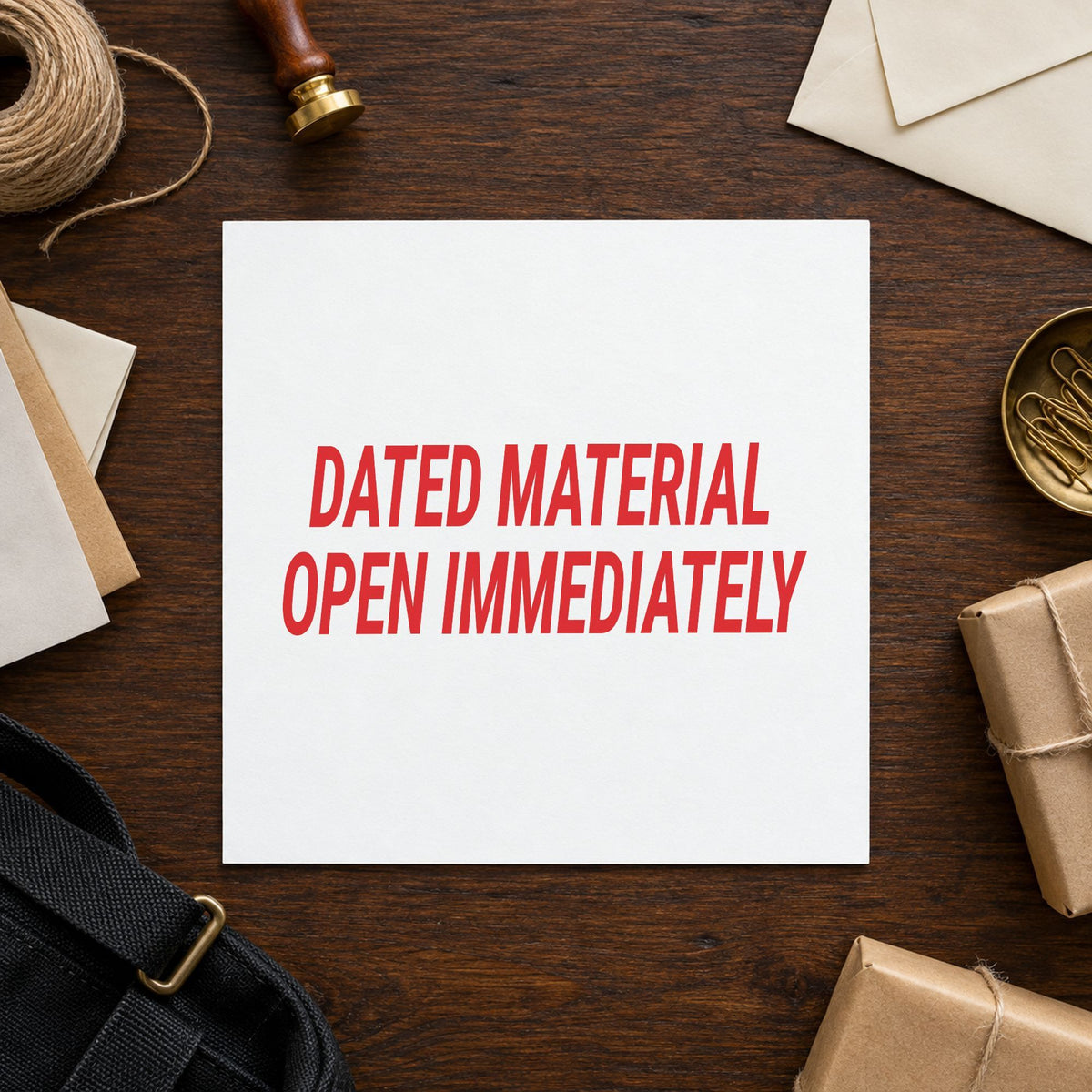 "Dated material open immediately" impression shown close up, rectangular imprint at 7/8 x 2-3/4 in