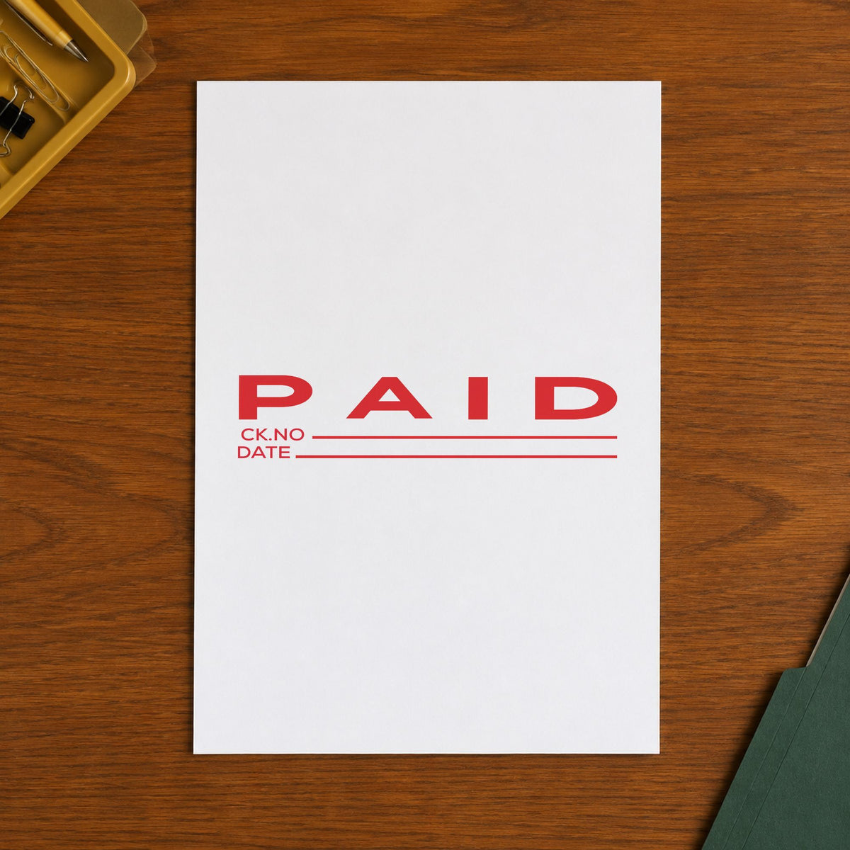 "Paid CK No.-Date" imprint stamped on a document with the Paid CK No.-Date Stamp For Record Keeping – Jumbo Pre-Inked Xsta...