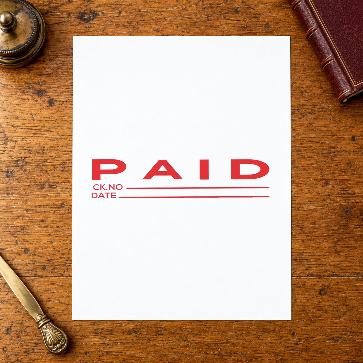 "Paid CK No.-Date" imprint from fixed stock wording, no customization needed