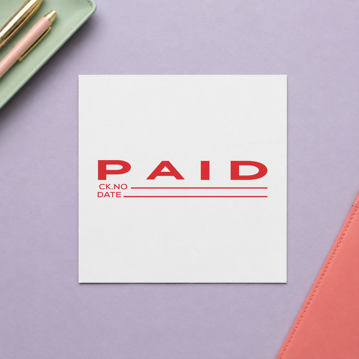"Paid CK No.-Date" stamp impression made with pre-inked Xstamper 3249