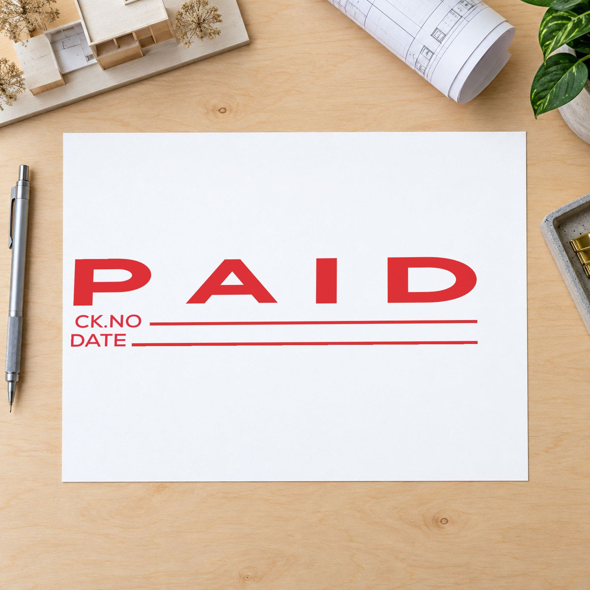 "Paid CK No.-Date" stamp mark in everyday office use, Xstamper 3249