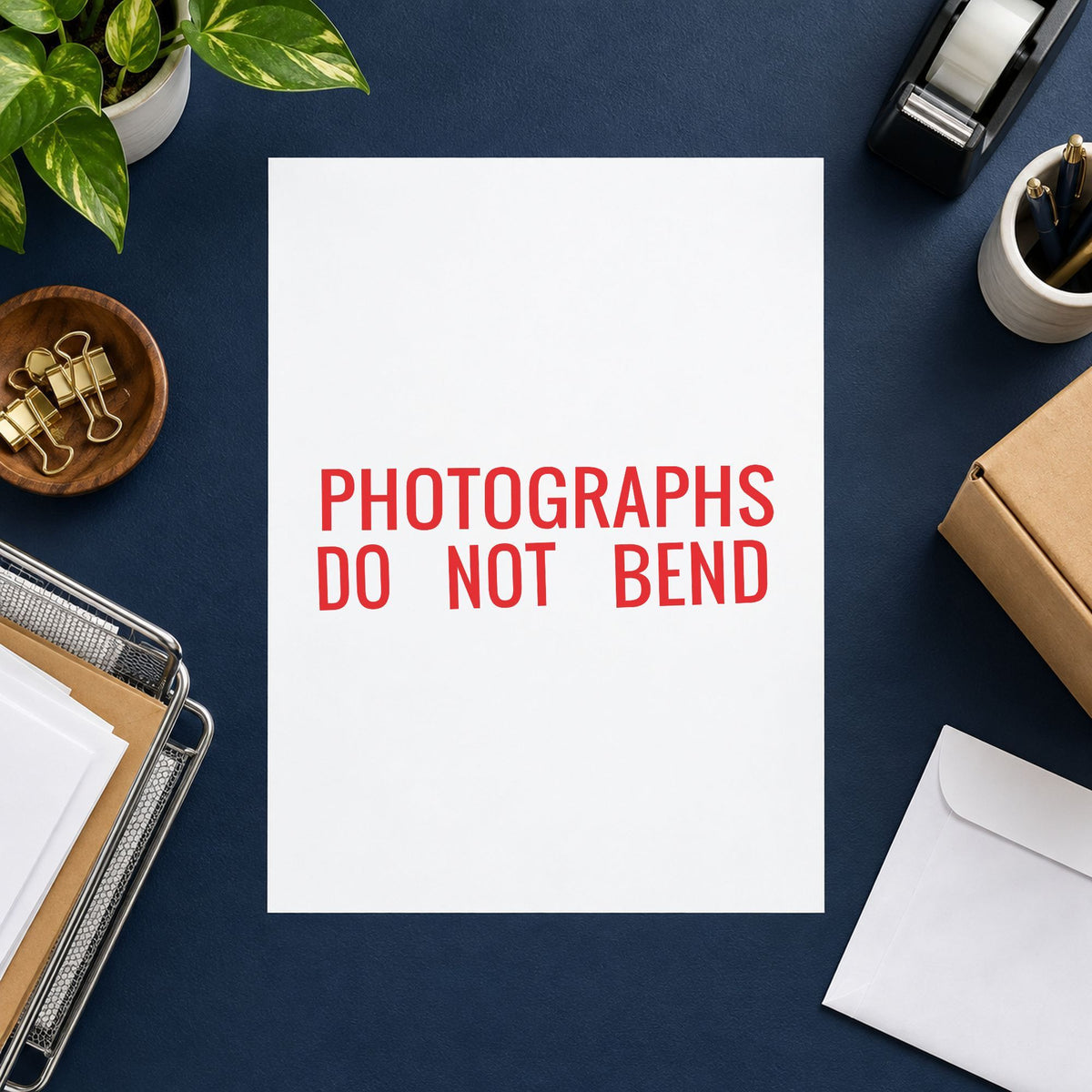 "Photographs do not bend" stamp impression made with pre-inked Xstamper 3242
