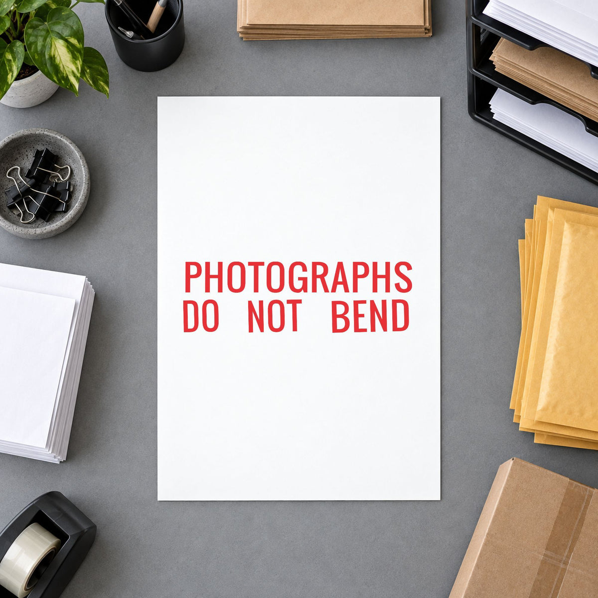 Jumbo Photographs Do Not Bend Mailing Stamp leaving a clean "Photographs do not bend" impression