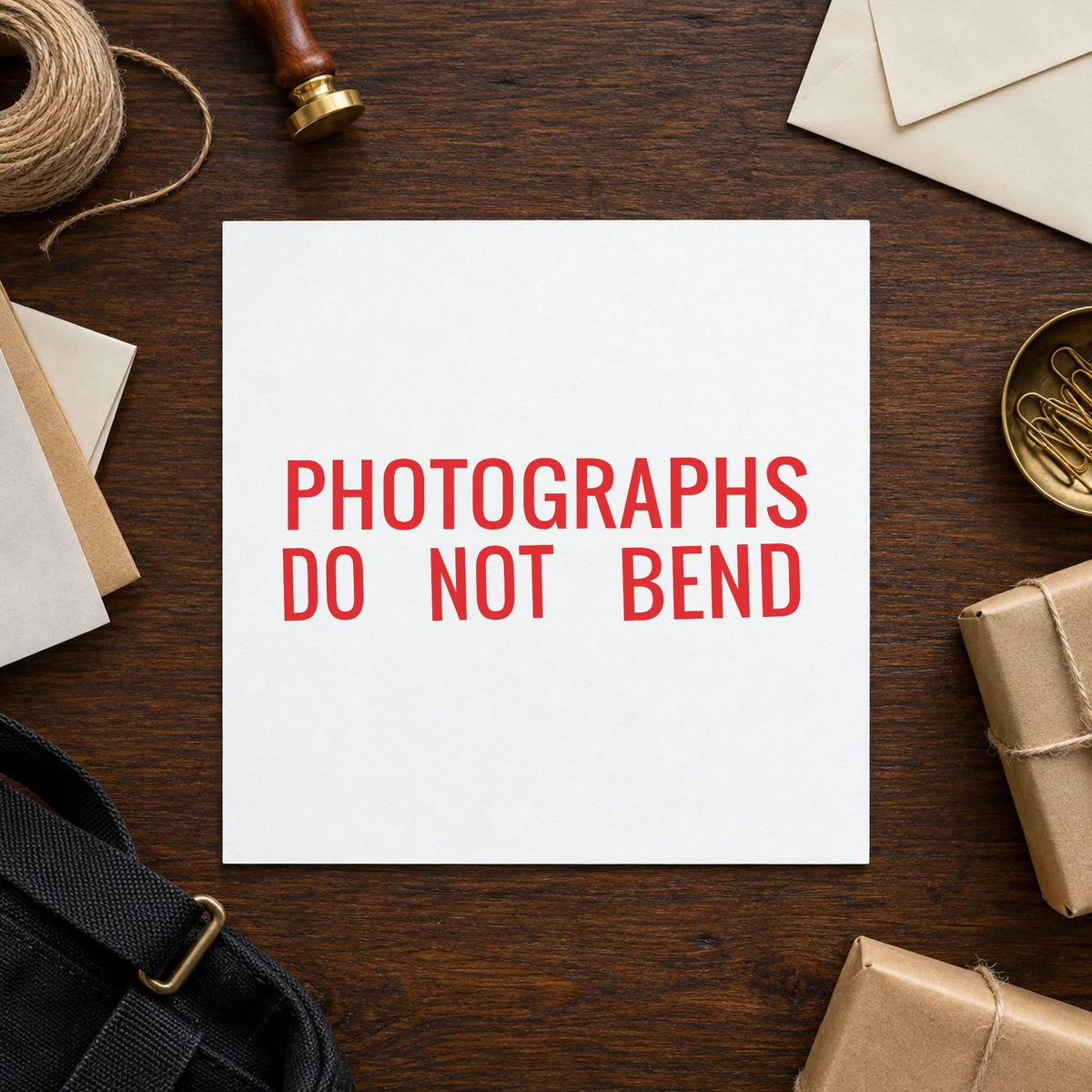 "Photographs do not bend" stamp mark in everyday office use, Xstamper 3242