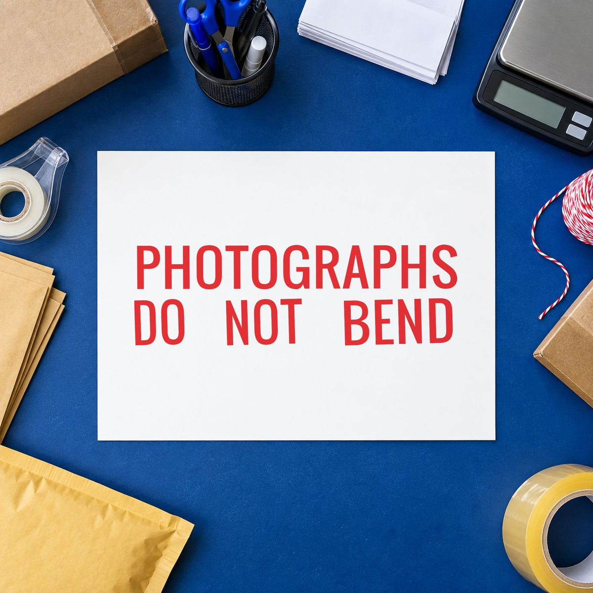 Marking a page "Photographs do not bend" with the Jumbo Photographs Do Not Bend Mailing Stamp