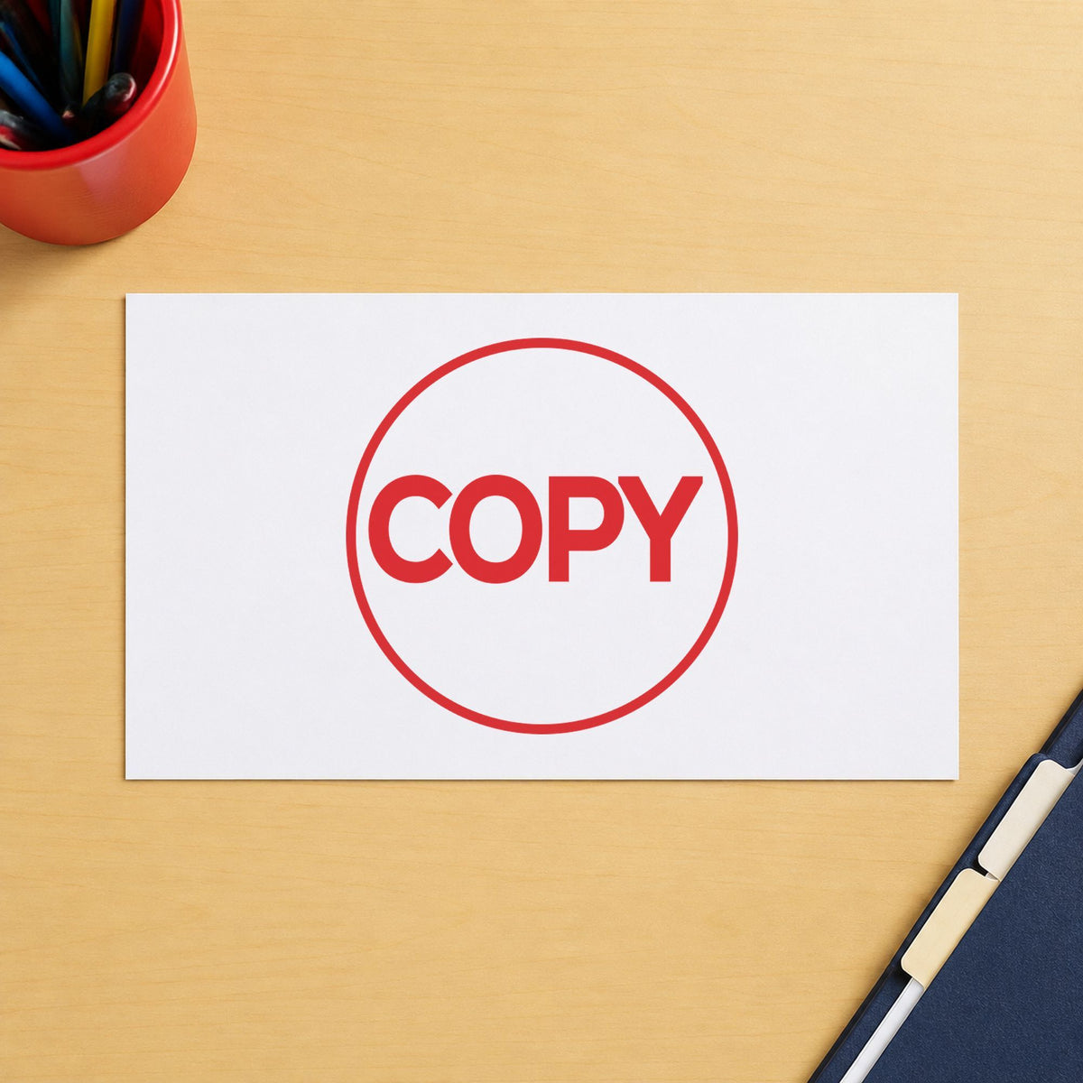 "Copy" imprint stamped on a document with the Copy Stamp – Round Red Pre-Inked Xstamper