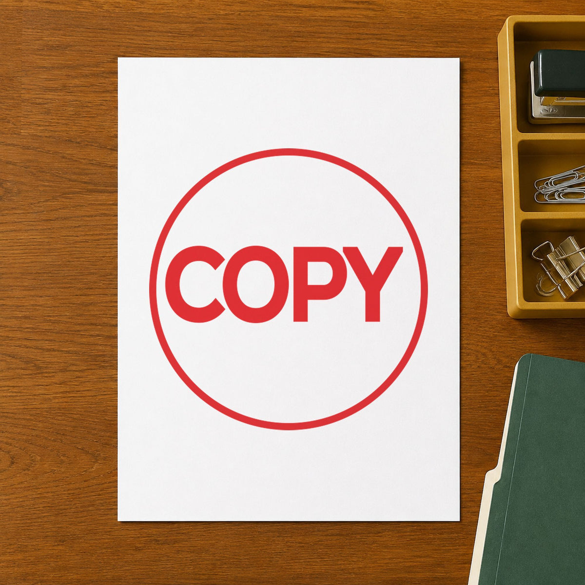 Crisp "Copy" imprint produced by the Copy Stamp – Round Red Pre-Inked Xstamper