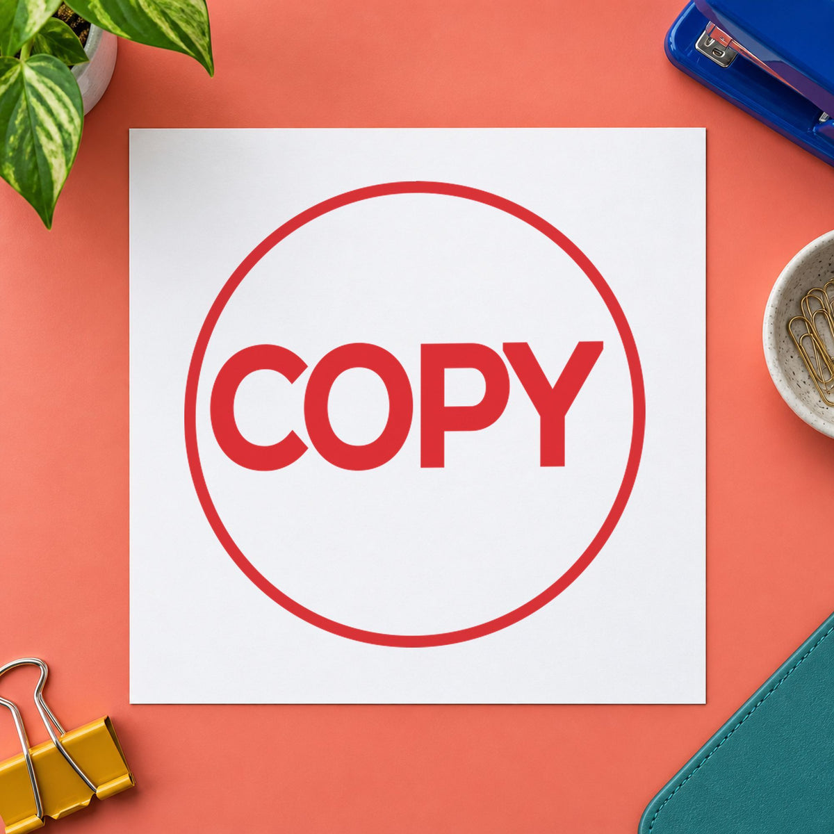 "Copy" impression shown close up, round imprint at 5/8 in diameter