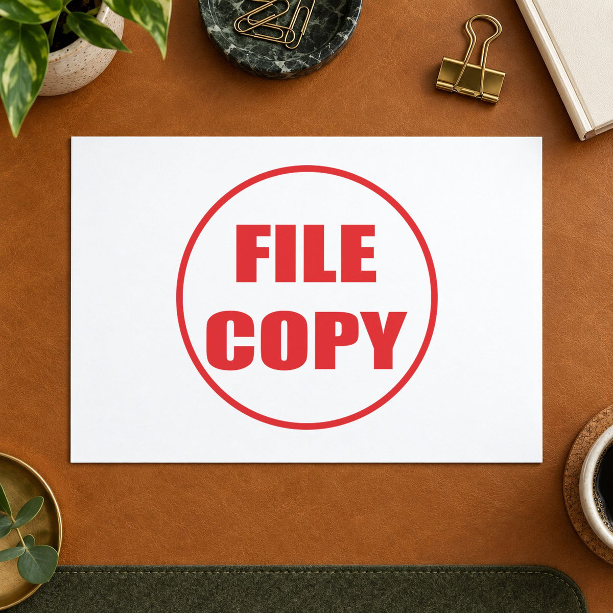 "File copy" imprint at 5/8 in diameter, no separate ink pad required