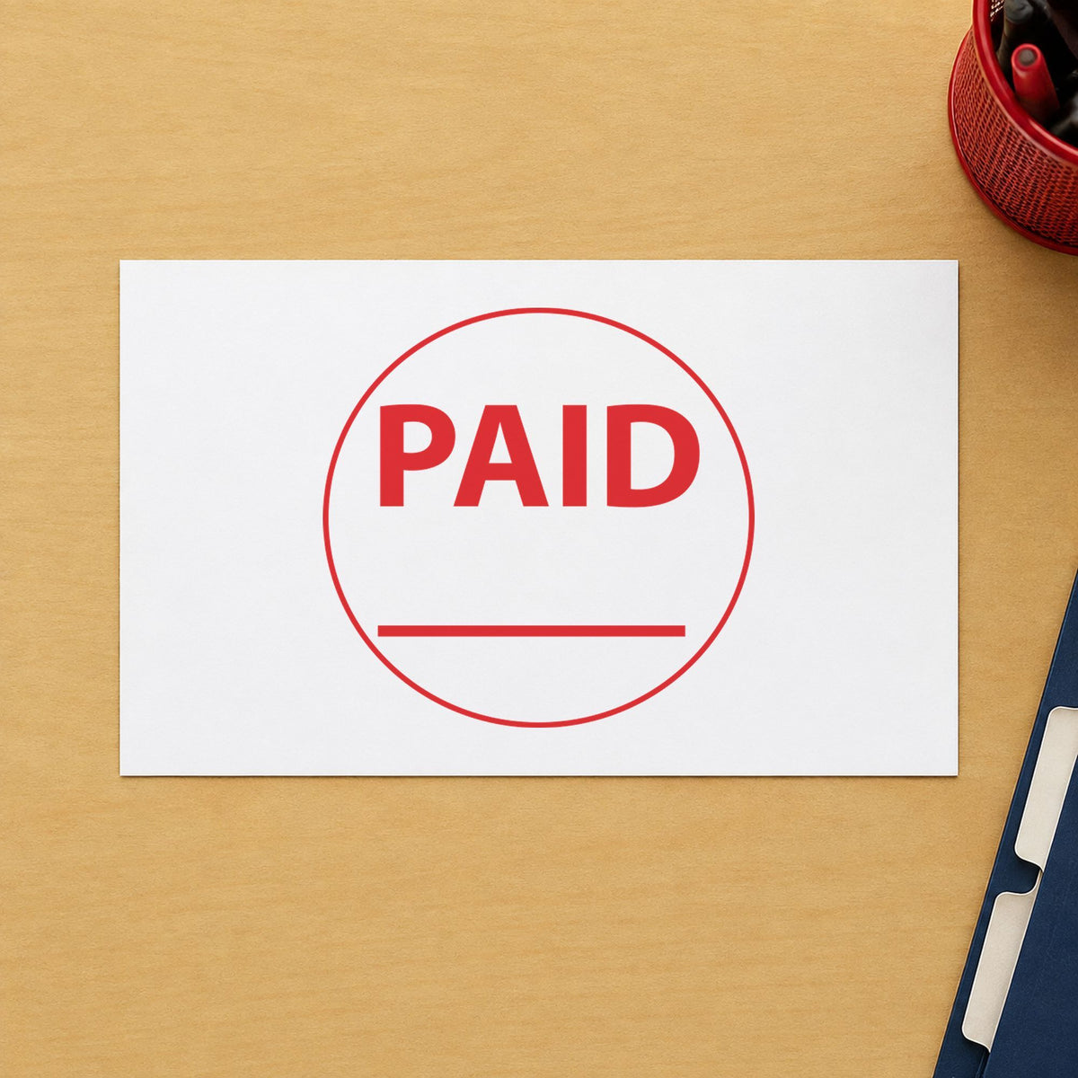 "Paid" imprint stamped on a document with the Paid Stamp For Invoices – Round Pre-Inked Xstamper