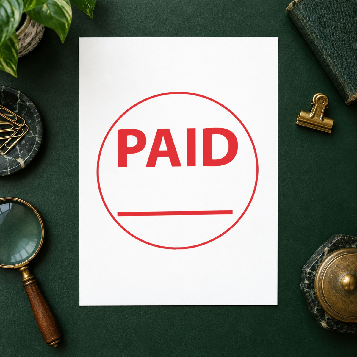 "Paid" imprint at 5/8 in diameter, no separate ink pad required