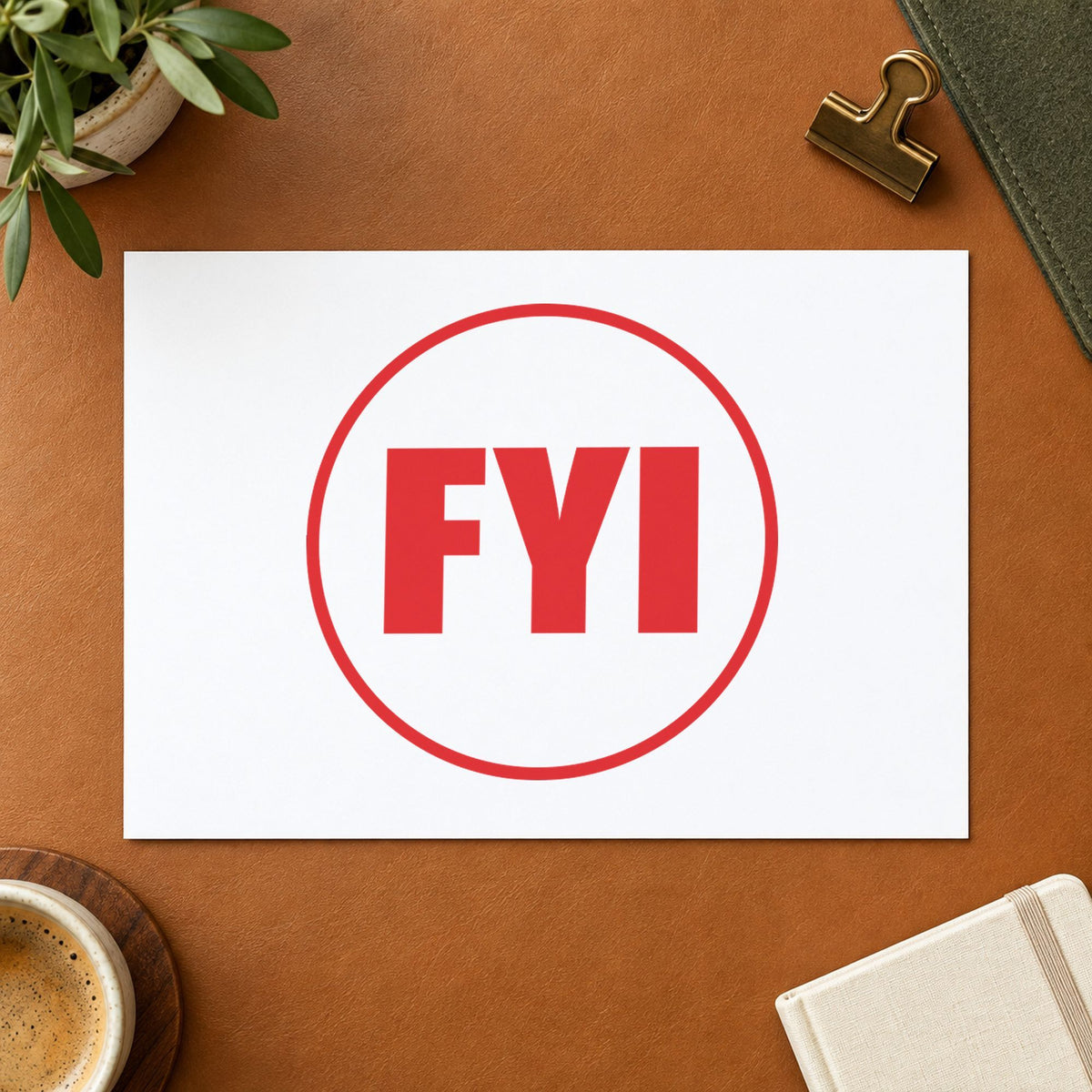 "FYI" imprint at 5/8 in diameter, no separate ink pad required