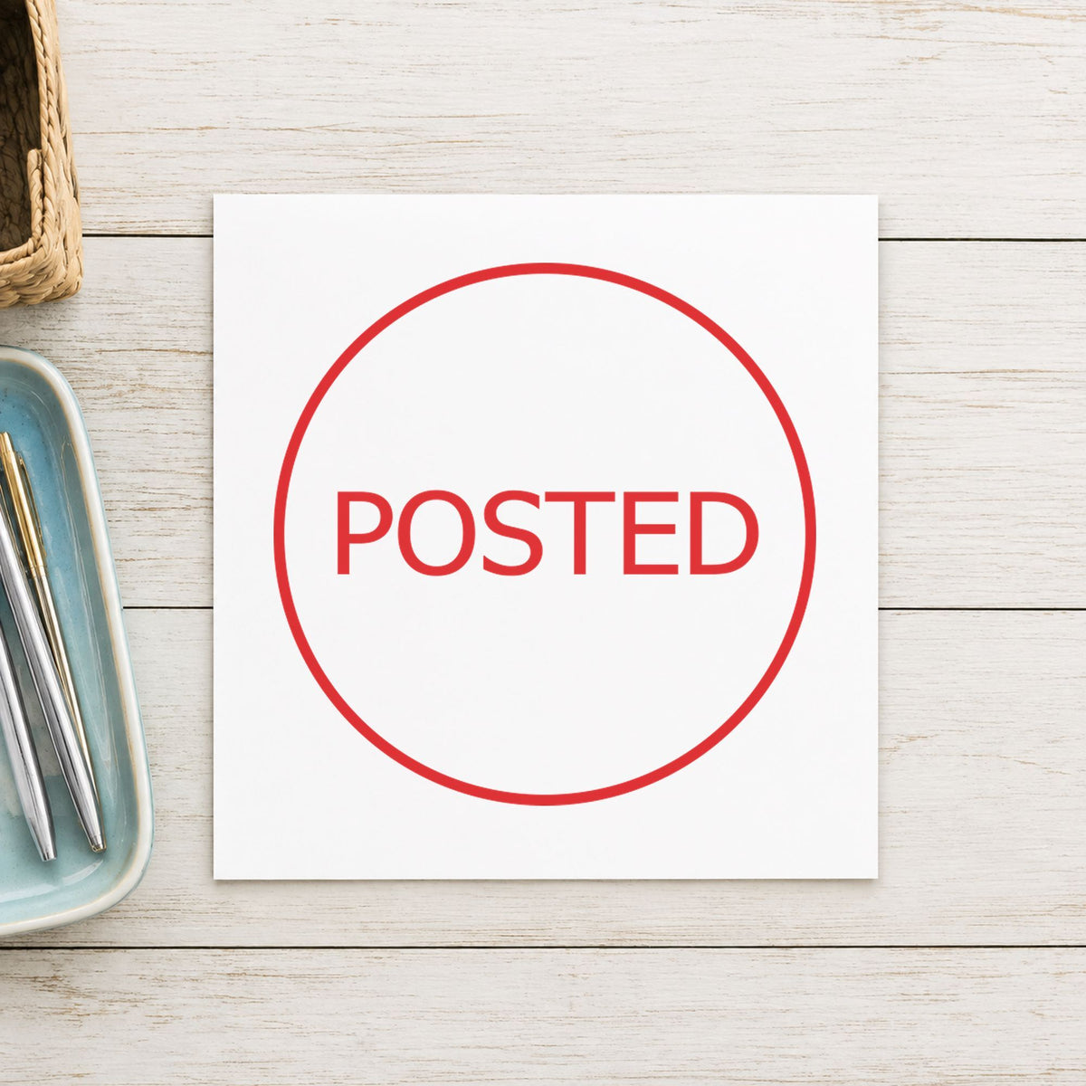 "Posted" imprint stamped on a document with the Xstamper Posted Office Stamp – Round Pre-Inked