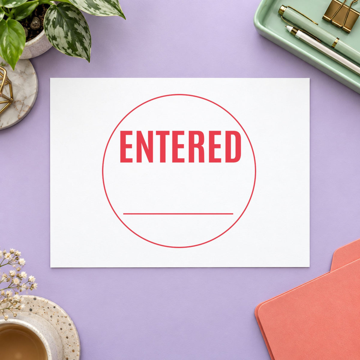 Entered Stamp For Data Entry Records – Round Pre-Inked Xstamper leaving a clean "Entered" impression