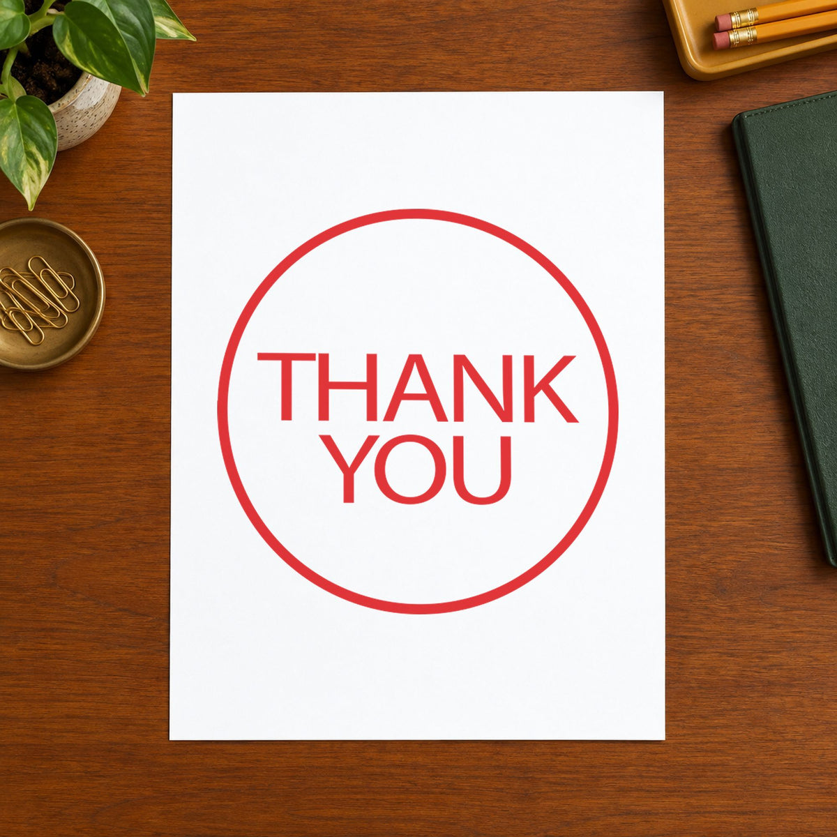 Crisp "Thank you" imprint produced by the Xstamper Thank You Appreciation Stamp – Round Red Pre-Inked