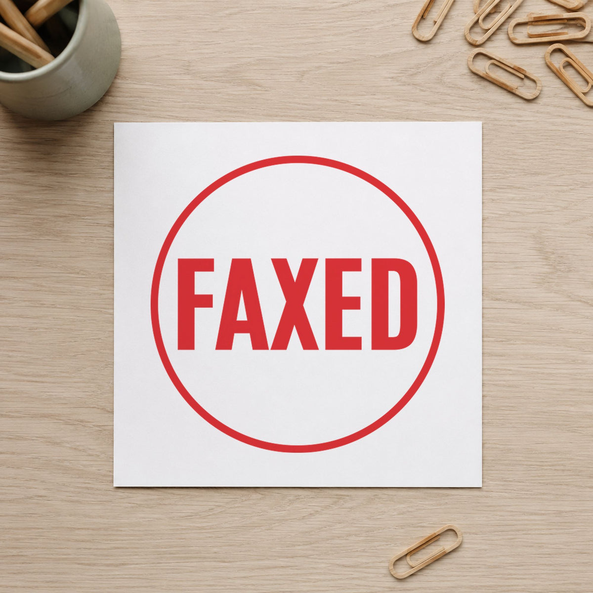 Crisp "Faxed" imprint produced by the Xstamper Faxed Record Stamp – Round Pre-Inked