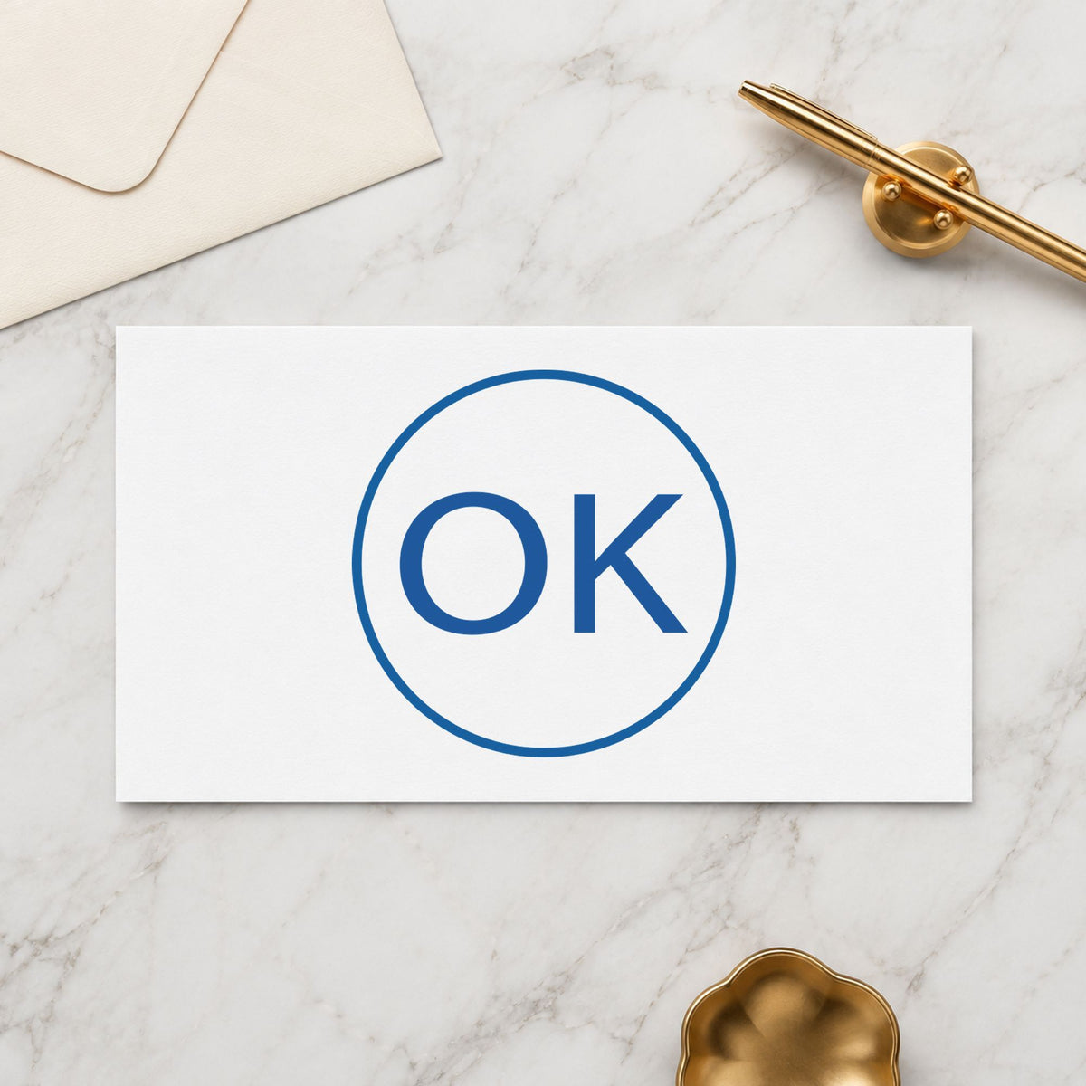 "OK" imprint stamped on a document with the OK Approval Stamp – Round Pre-Inked Xstamper