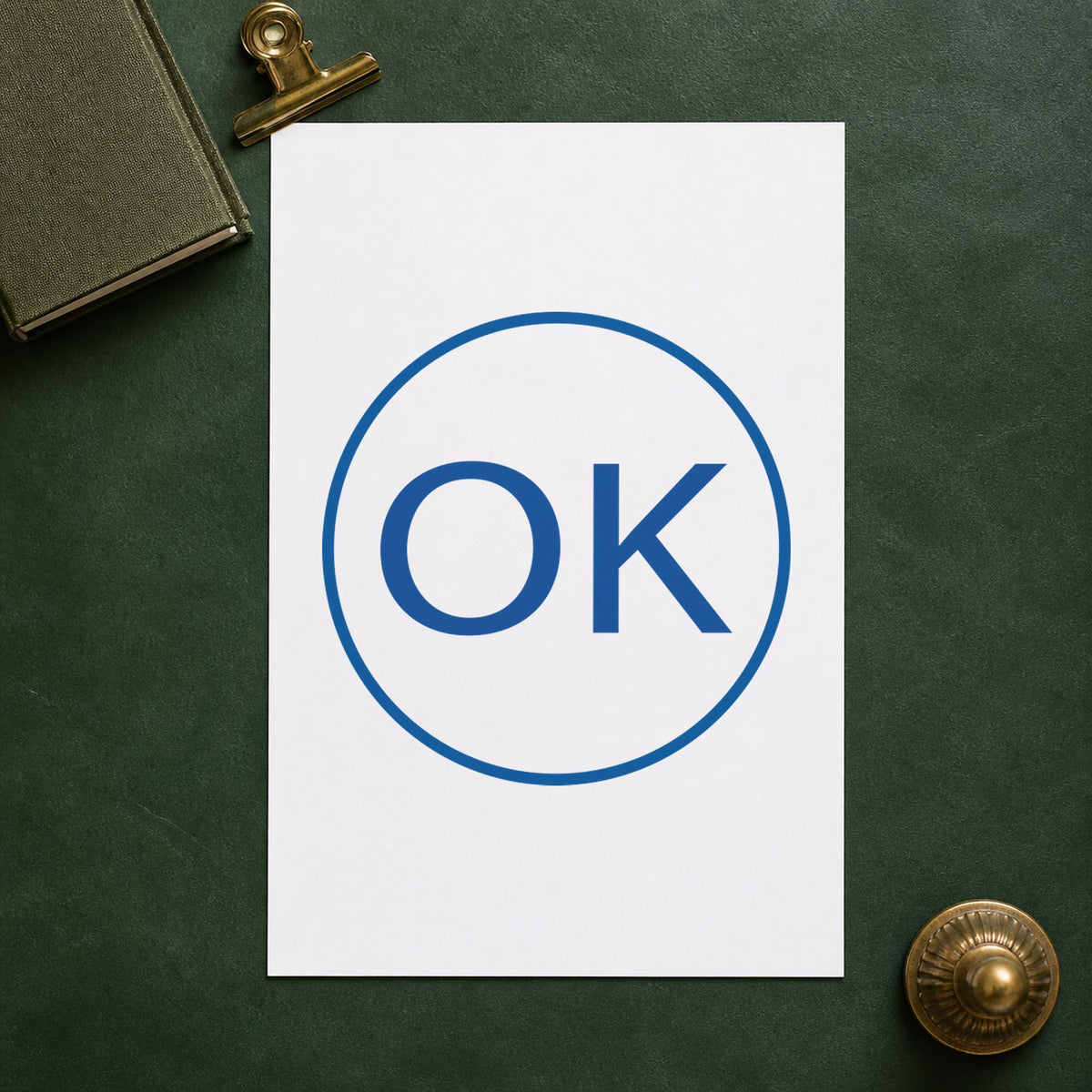 "OK" imprint at 5/8 in diameter, no separate ink pad required