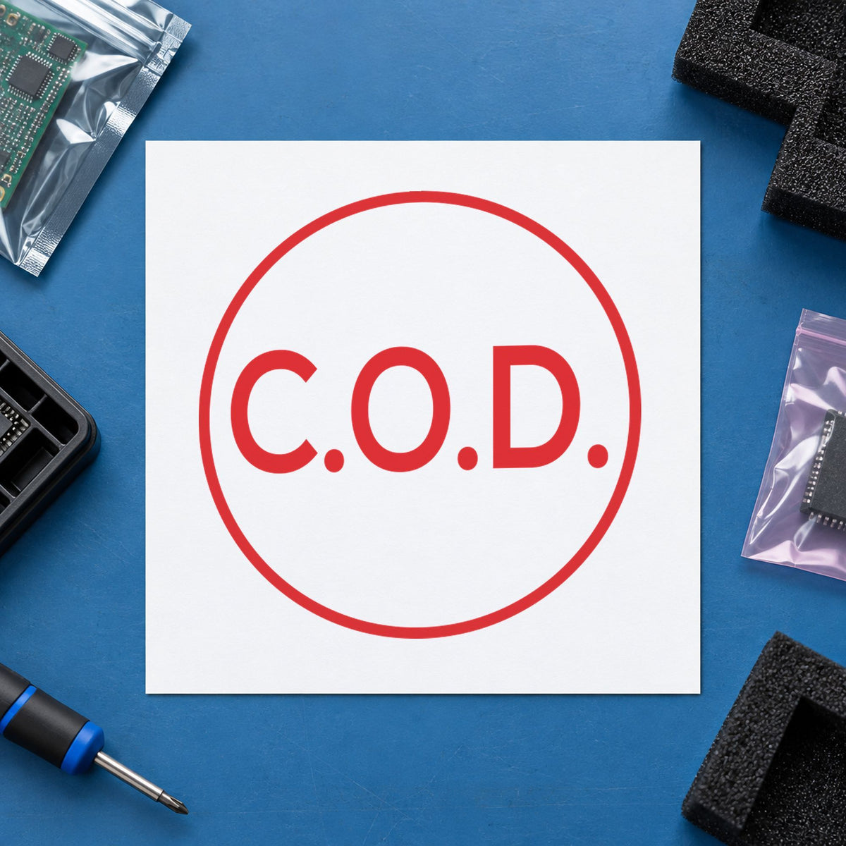 "C.O.D." imprint from fixed stock wording, no customization needed