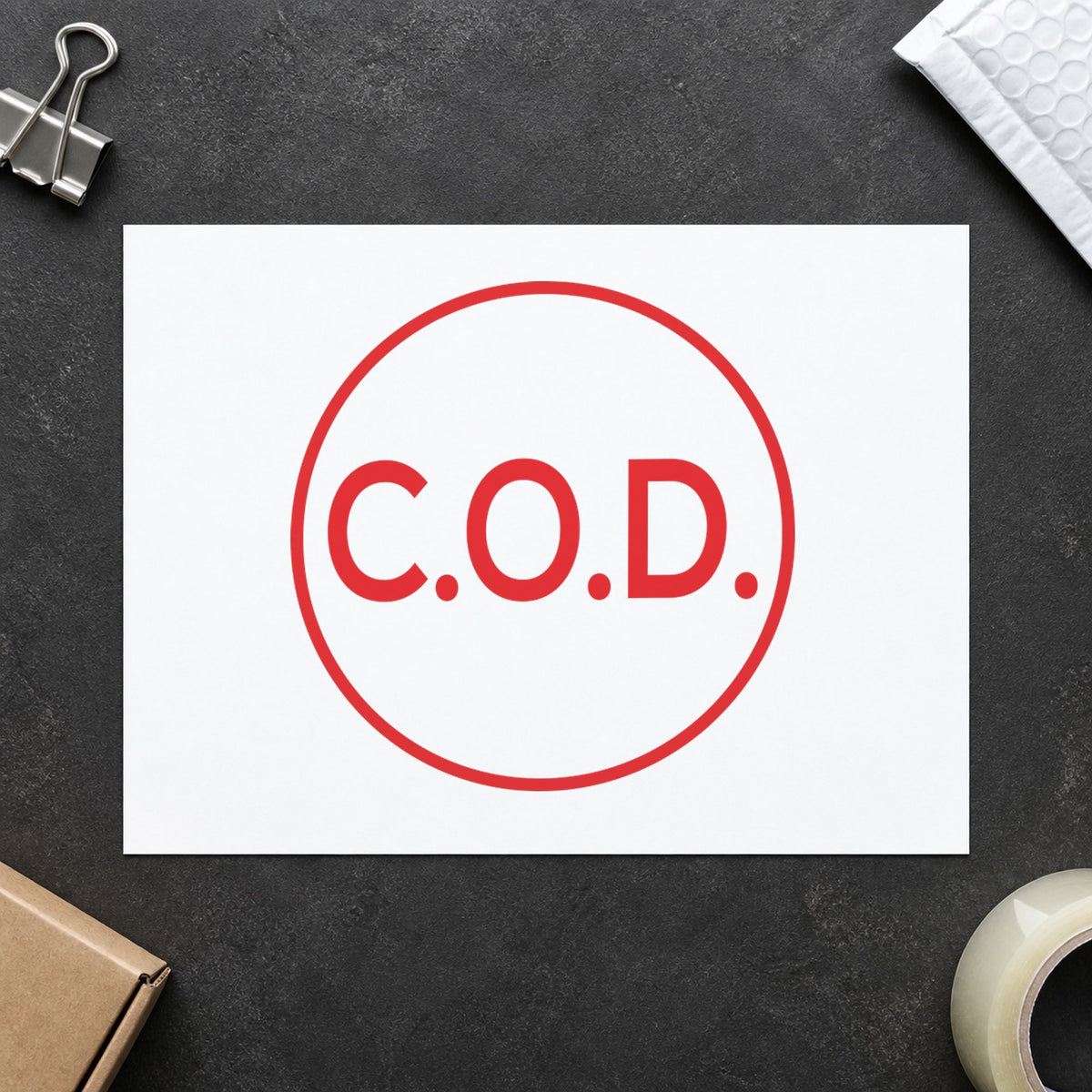 "C.O.D." impression shown close up, round imprint at 5/8 in diameter