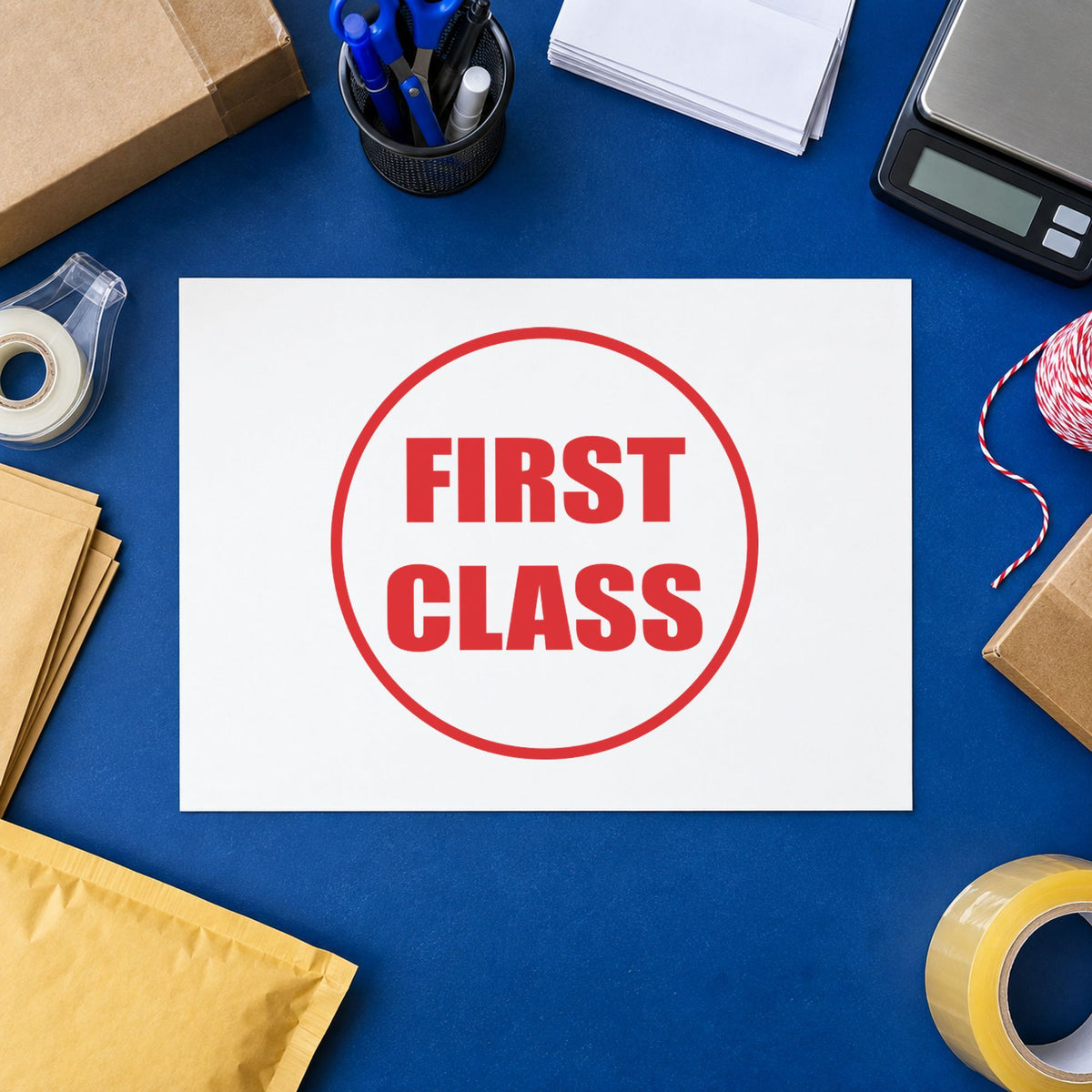 "First class" imprint stamped on a document with the First Class Stamp – Round Pre-Inked Xstamper
