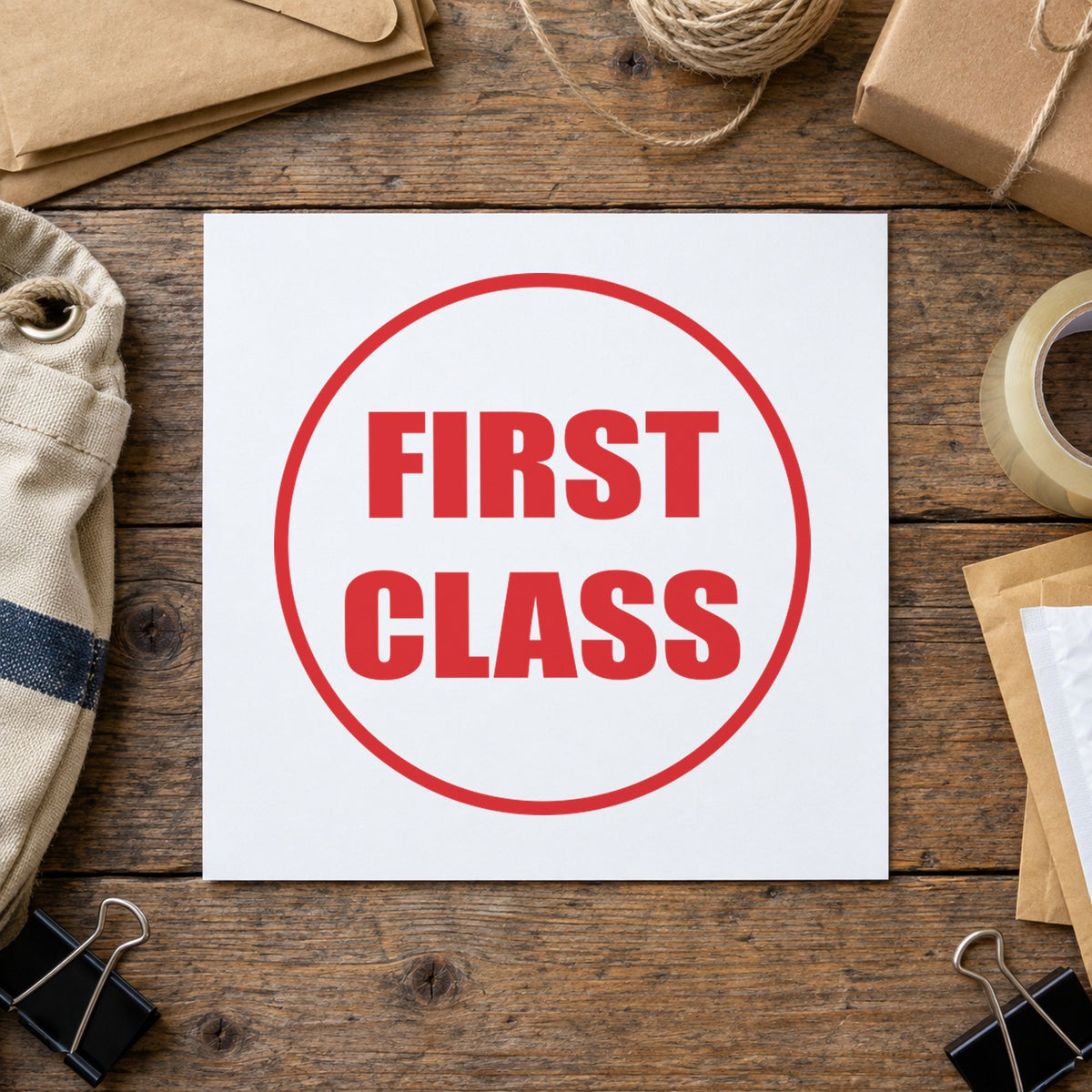 "First class" imprint from fixed stock wording, no customization needed