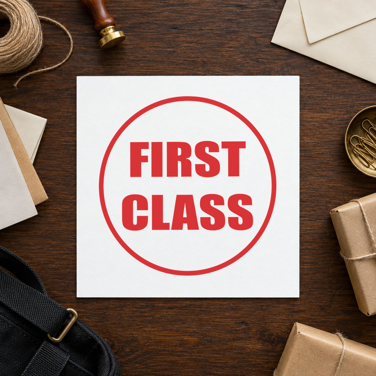 "First class" stamp impression made with pre-inked Xstamper 11412