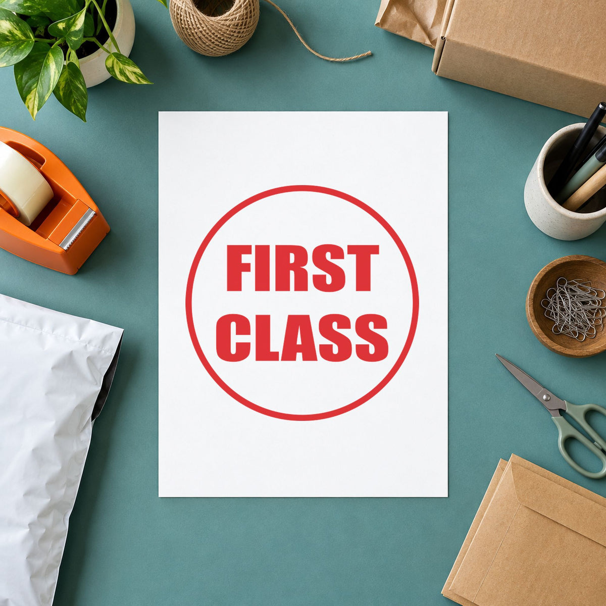 Crisp "First class" imprint produced by the First Class Stamp – Round Pre-Inked Xstamper