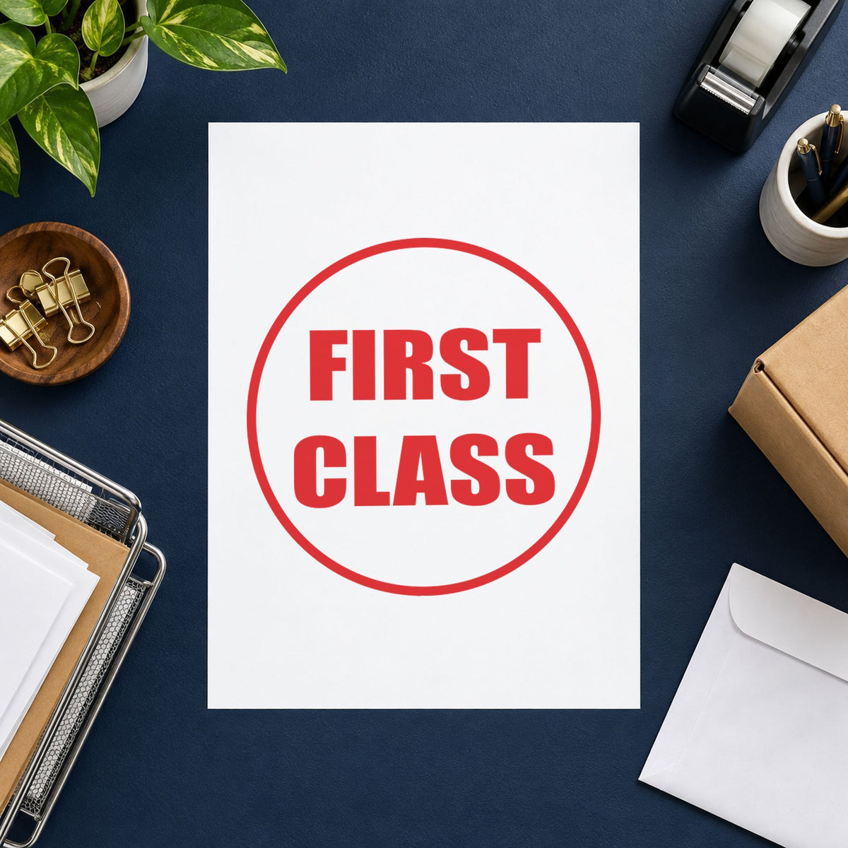 First Class Stamp – Round Pre-Inked Xstamper leaving a clean "First class" impression