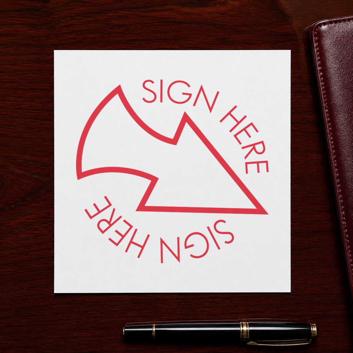 "Sign here" impression shown close up, round imprint at 5/8 in diameter