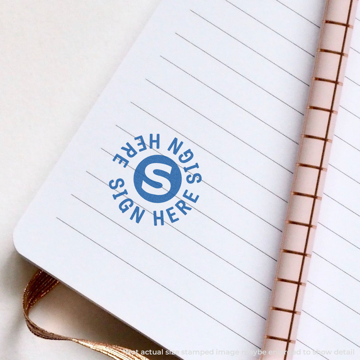 "Sign here" imprint used to flag items for handling, Xstamper Sign Here Stamp – Round Blue Pre-Inked