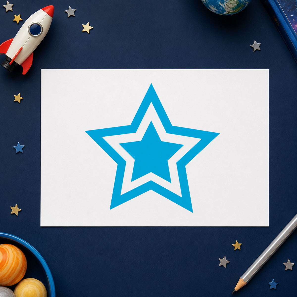 Star Stamp – Round Blue Pre-Inked Xstamper leaving a clean "Star" impression