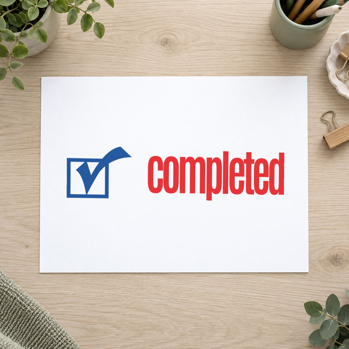 Crisp "Completed" imprint produced by the Xstamper Completed Stamp
