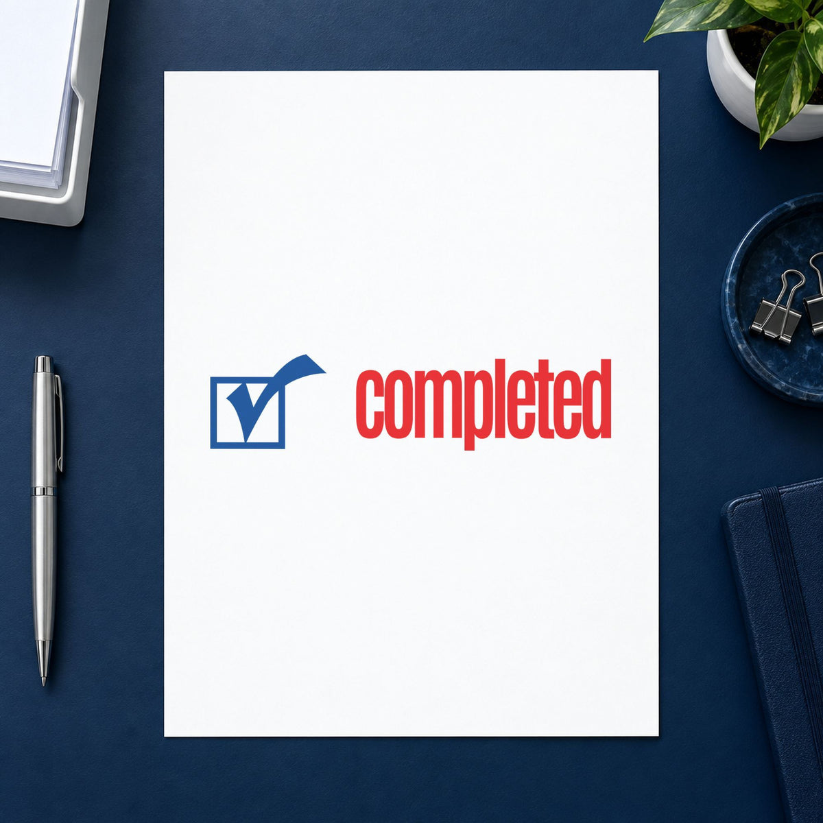 "Completed" imprint at 1-5/8 x 1/2 in, no separate ink pad required
