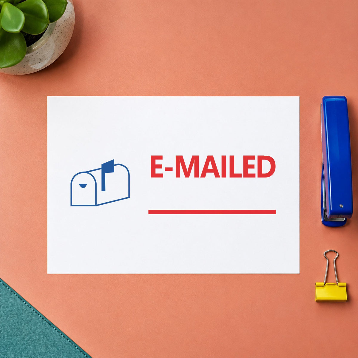 "Emailed" imprint at 1-5/8 x 1/2 in, no separate ink pad required