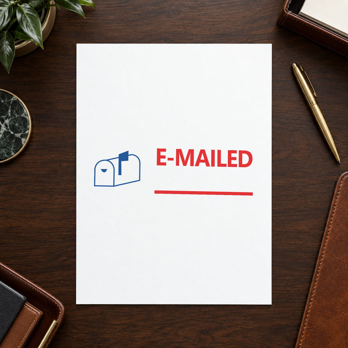 "Emailed" stamp mark in everyday office use, Xstamper 2025