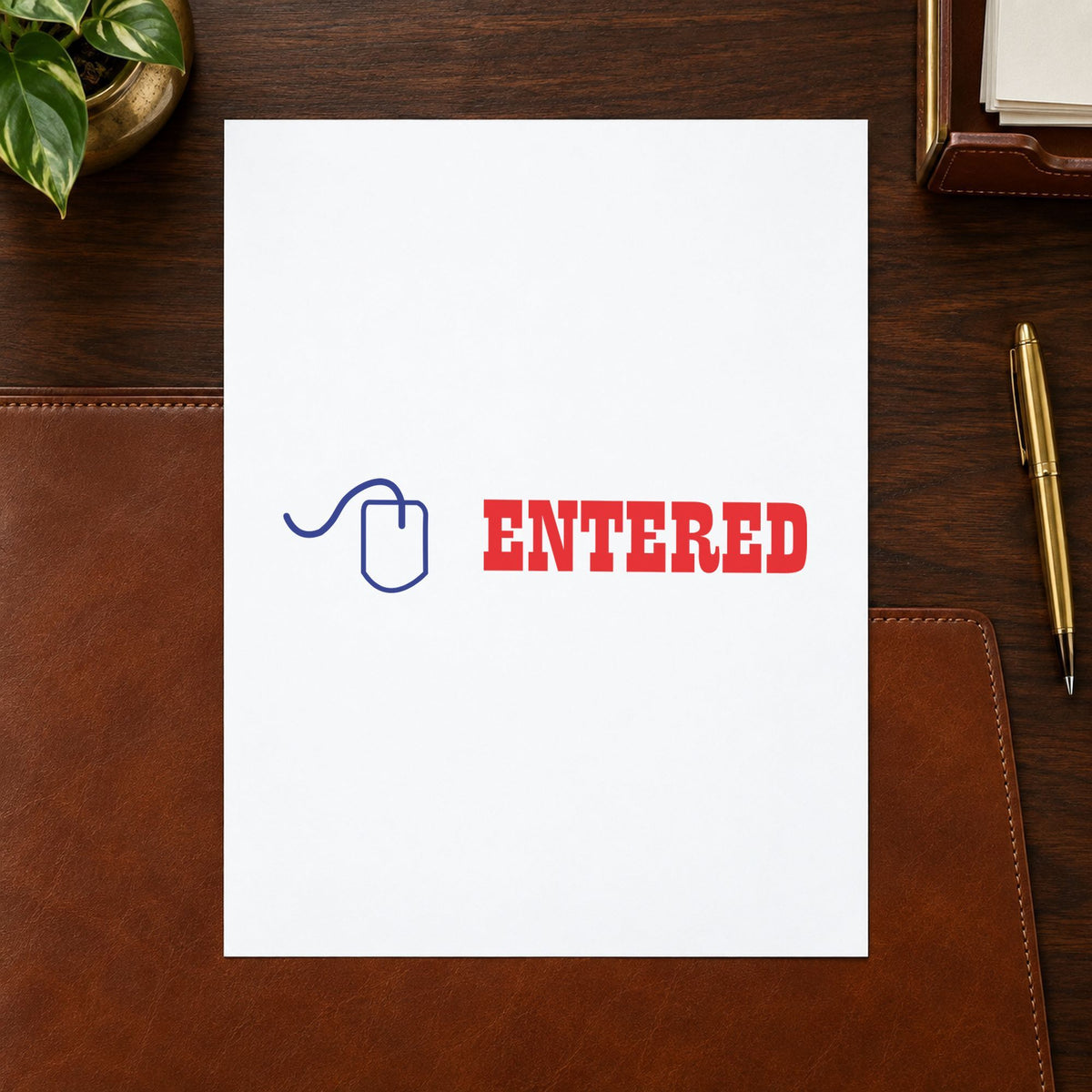 "Entered" stamp mark in everyday office use, Xstamper 2027