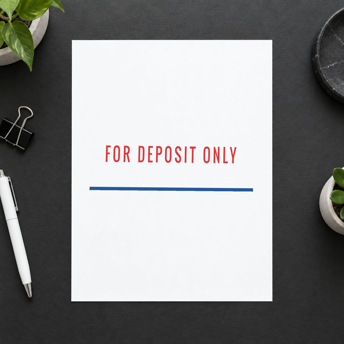 "For deposit only" stamp impression made with pre-inked Xstamper 2035