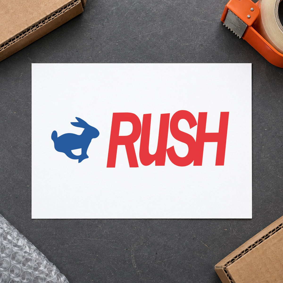 "Rush" impression shown close up, rectangular imprint at 1-5/8 x 1/2 in
