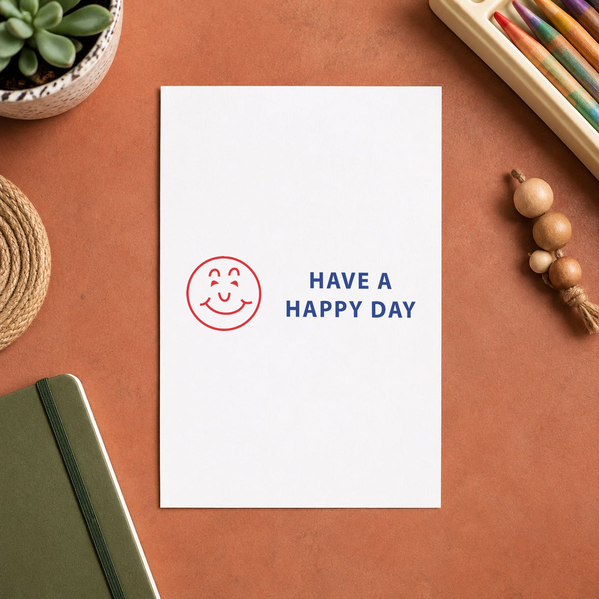 "Have a happy day" mark added to paperwork with a pre-inked Xstamper stamp