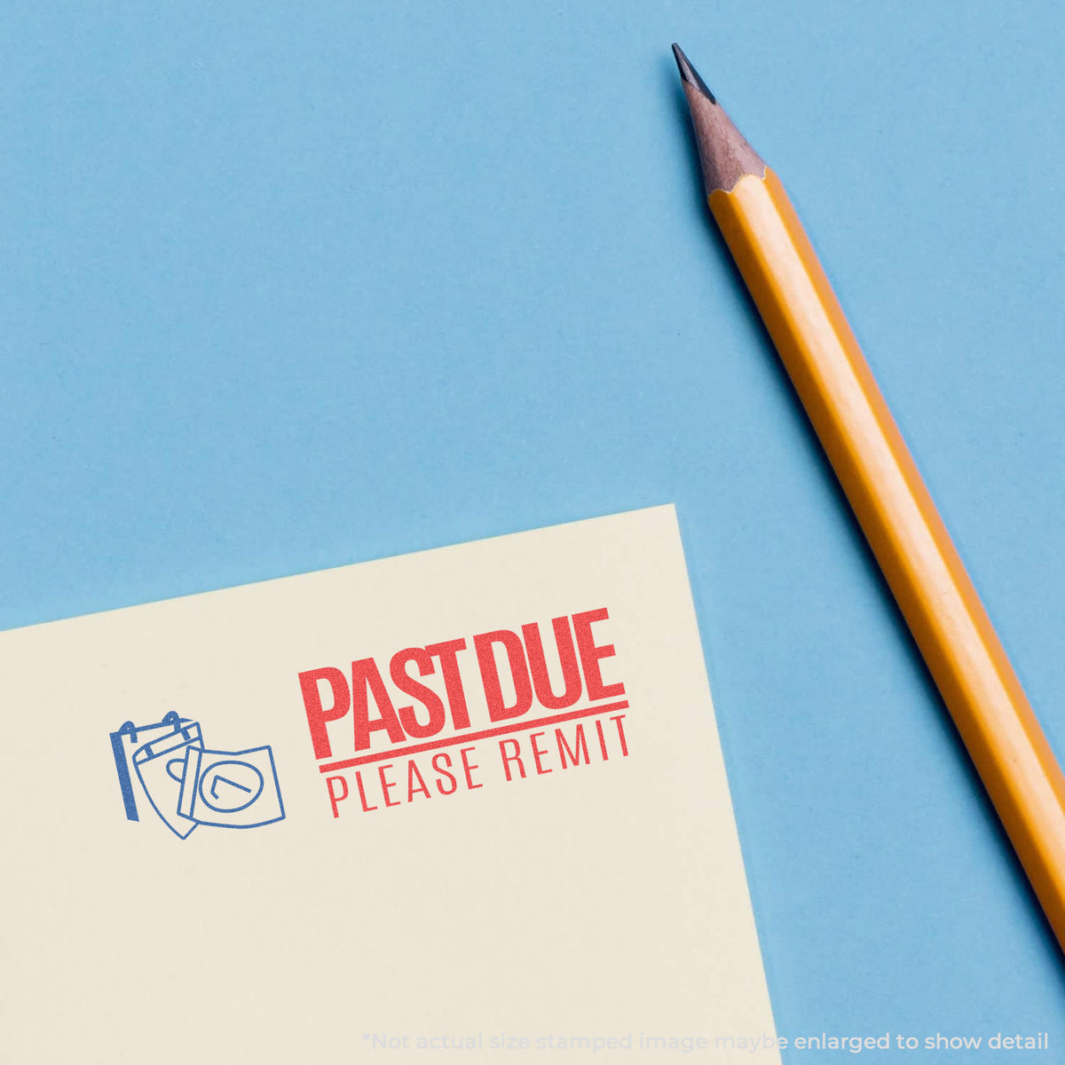 "Past due please remit" mark stamped for document handling, Xstamper 2049 stamp