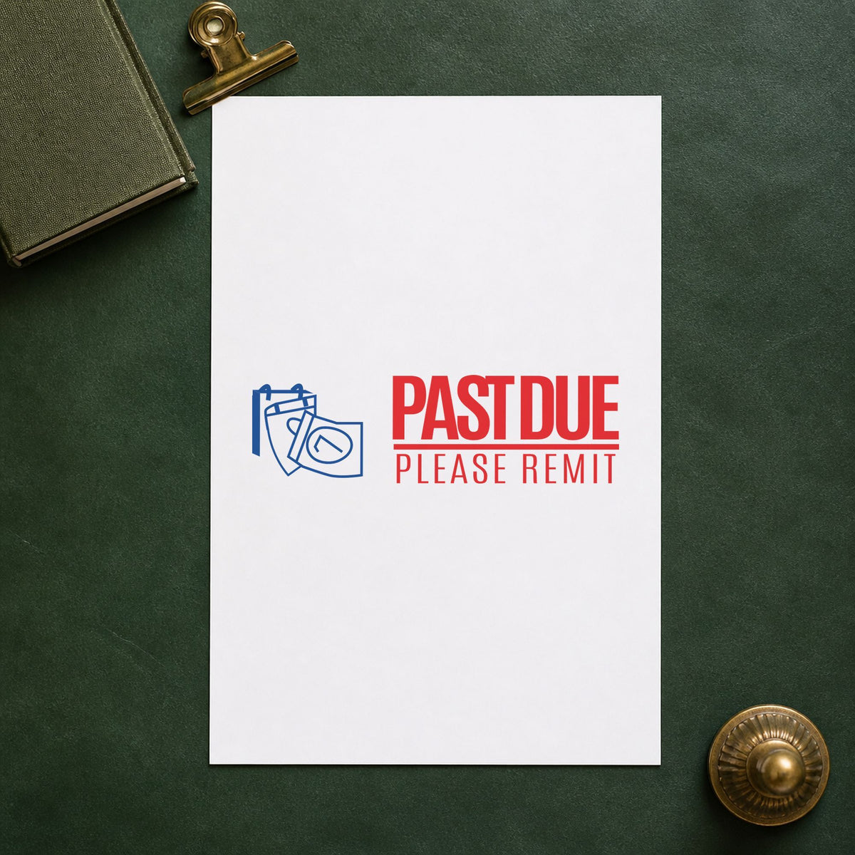 "Past due please remit" imprint at 1/2 x 1-5/8 in, no separate ink pad required