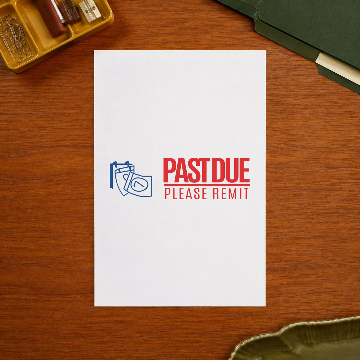 "Past due please remit" stamp mark in everyday office use, Xstamper 2049