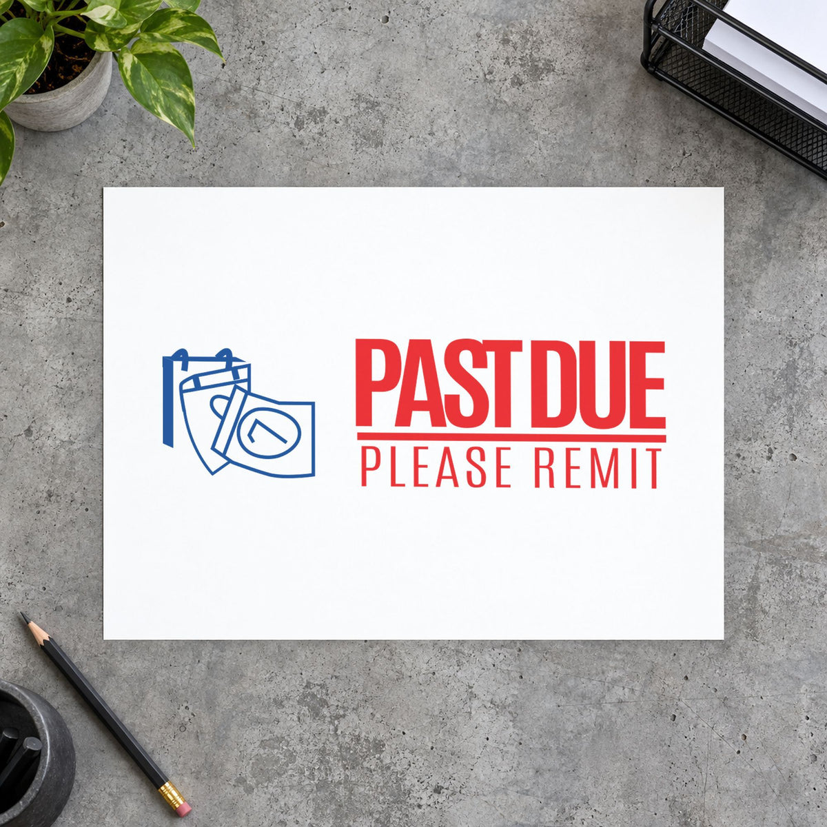 "Past due please remit" impression shown close up, rectangular imprint at 1/2 x 1-5/8 in
