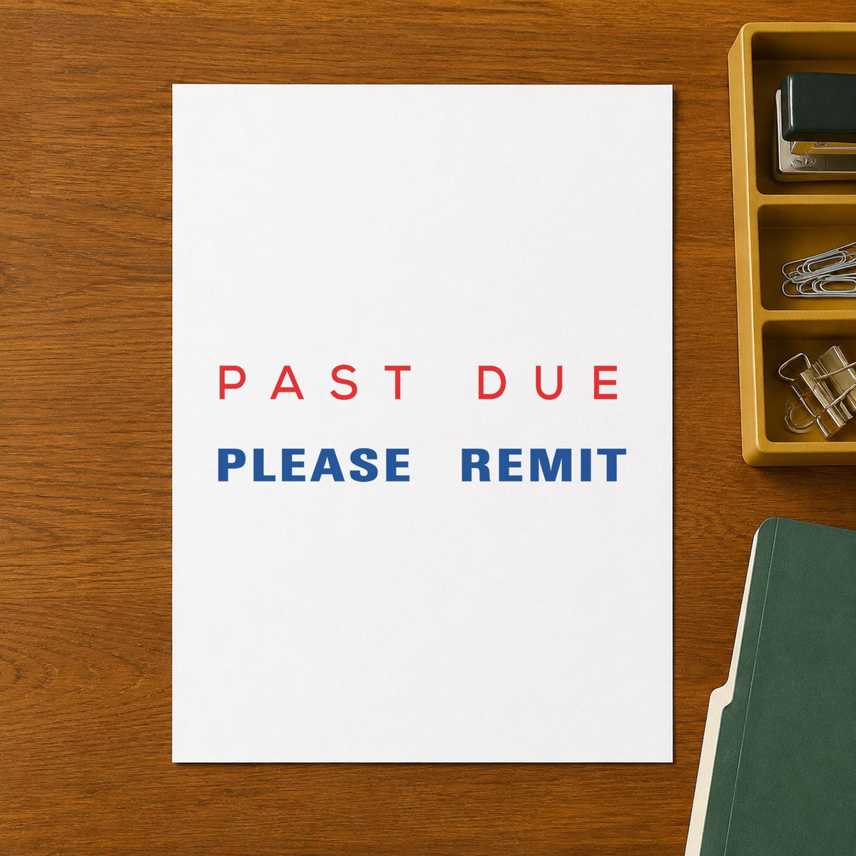 "Past due please remit" stamp impression made with pre-inked Xstamper 2015