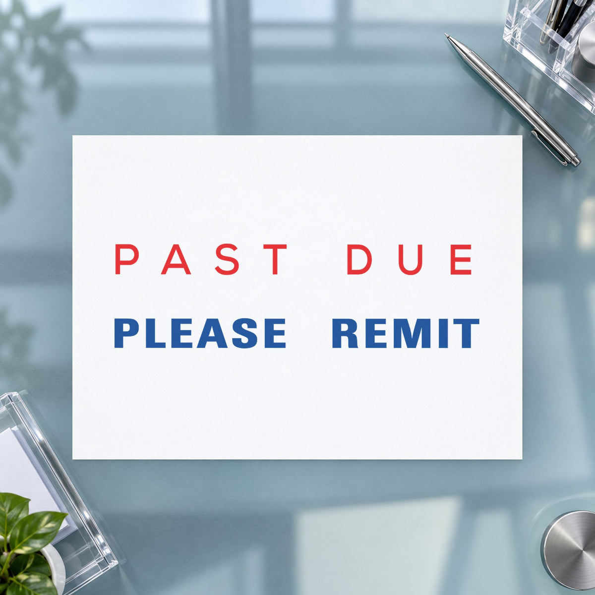 "Past due please remit" impression shown close up, rectangular imprint at 1-5/8 x 1/2 in