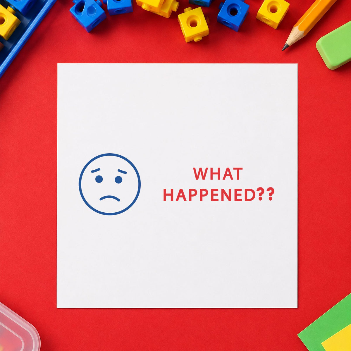 "What happened?" stamp impression made with pre-inked Xstamper 2017