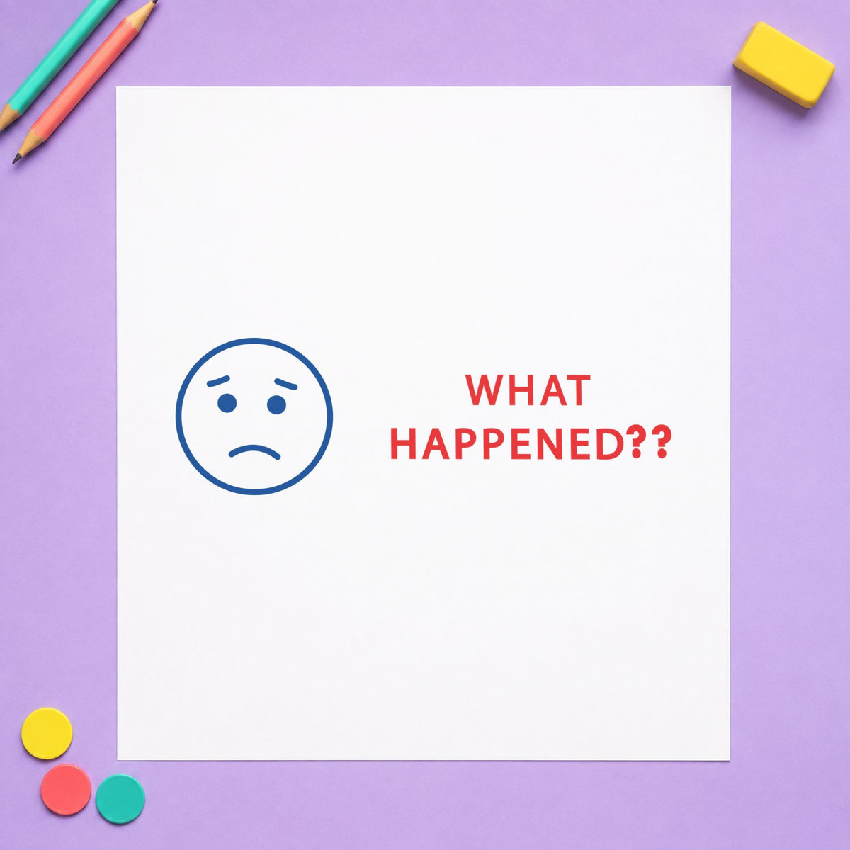 Crisp "What happened?" imprint produced by the Two-Color What Happened? Stamp