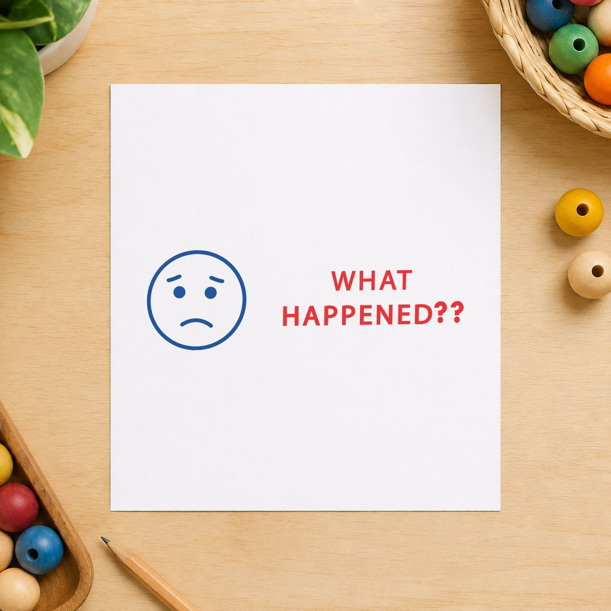 "What happened?" impression shown close up, rectangular imprint at 1/2 x 1-5/8 in